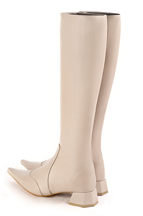Champagne white women's feminine knee-high boots. Pointed toe. Low flare heels. Made to measure. Rear view - Florence KOOIJMAN